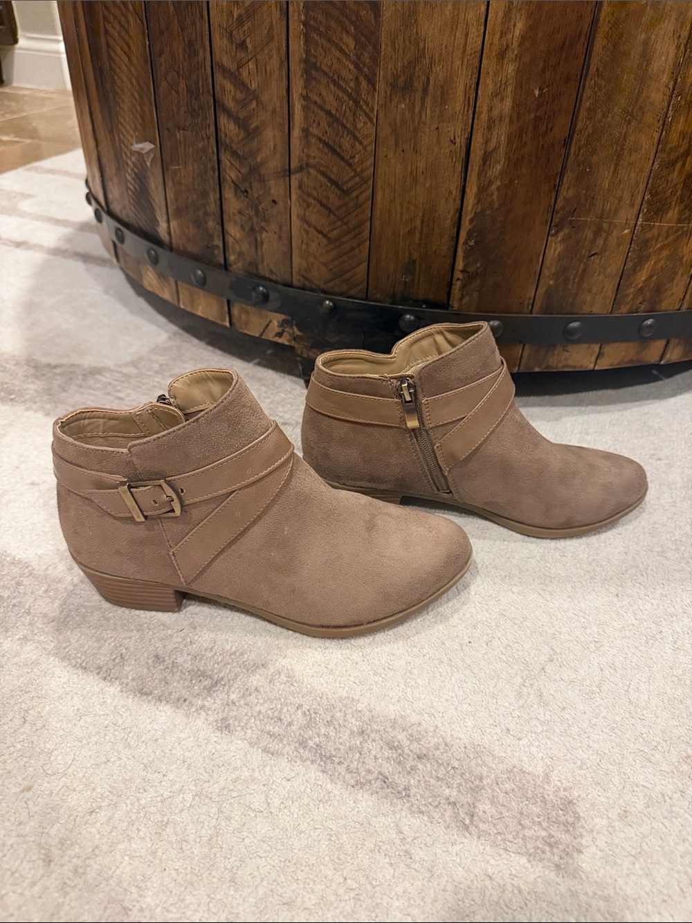 Life Stride Taupe Faux-Suede Ankle Booties with Buckle and Side Zip
